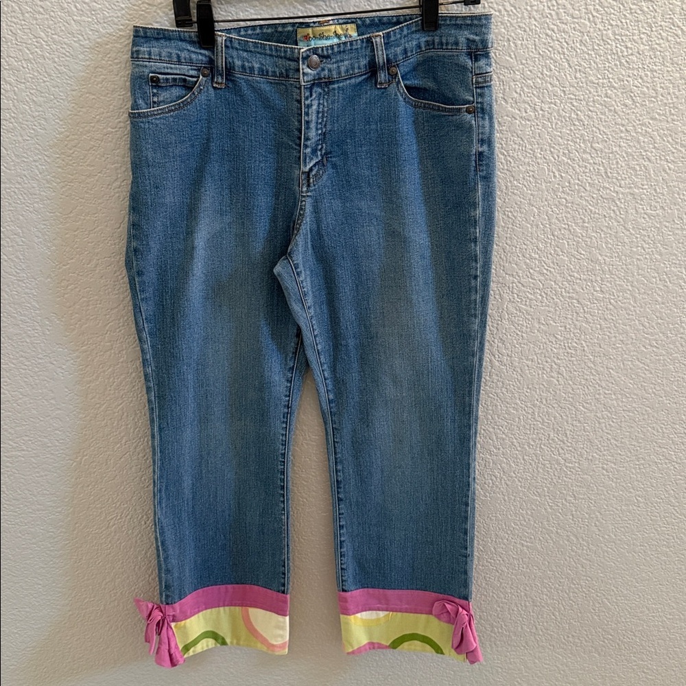 Too She She Bow Print Colorful Straight Leg Relaxed Fit Jeans Size 12